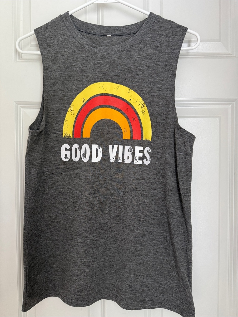 Good Vibes Graphic Muscle Tee - Gray with Yellow & Red Rainbow